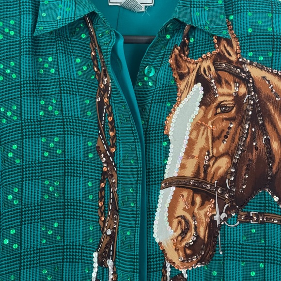 Vintage Diane Gilman Horse Sequin Blouse 100% Silk 2X - Picture 3 of 12